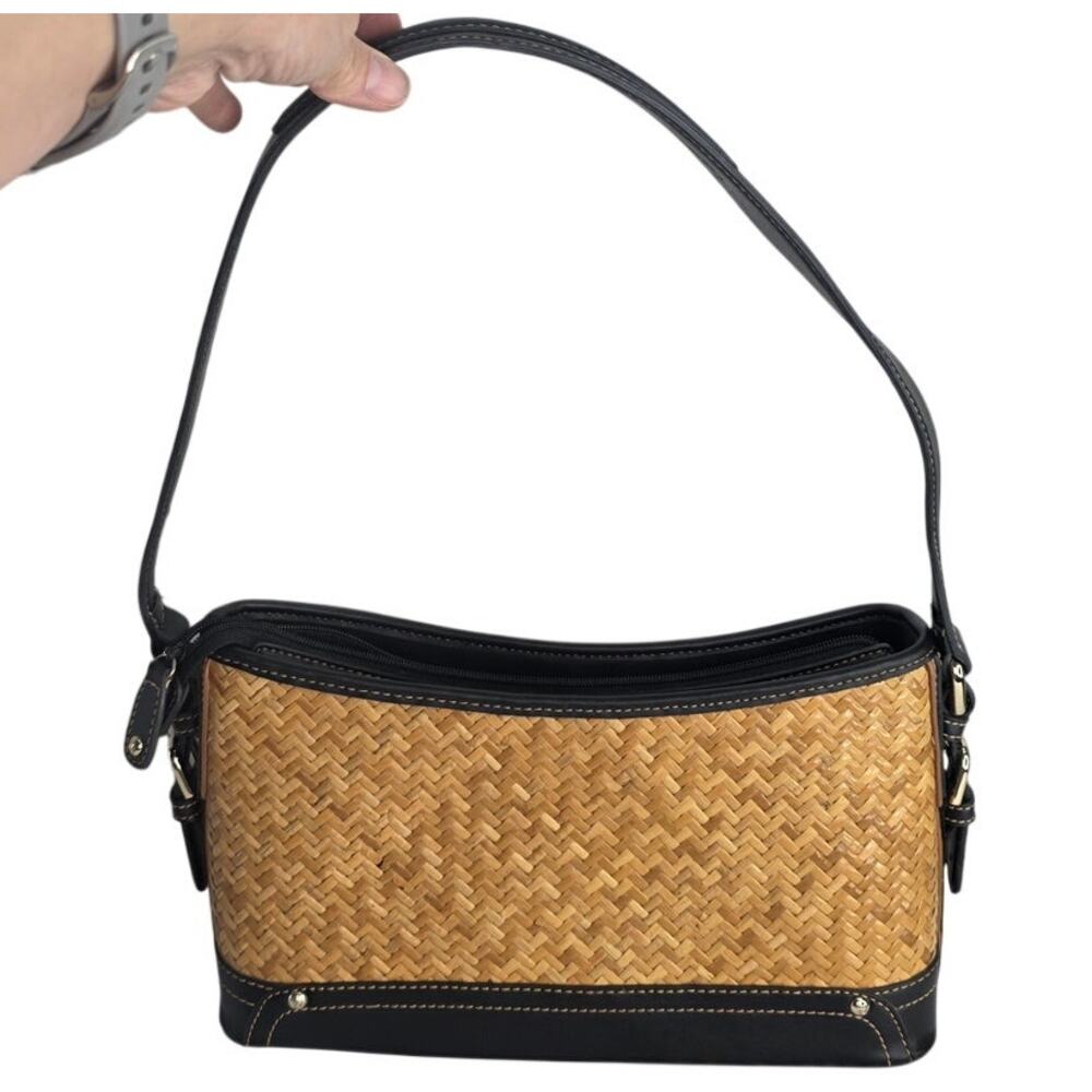 Etienne Aigner Woven Straw Shoulder Bag Black Trim  90's  Y2K  Baguette Purse
